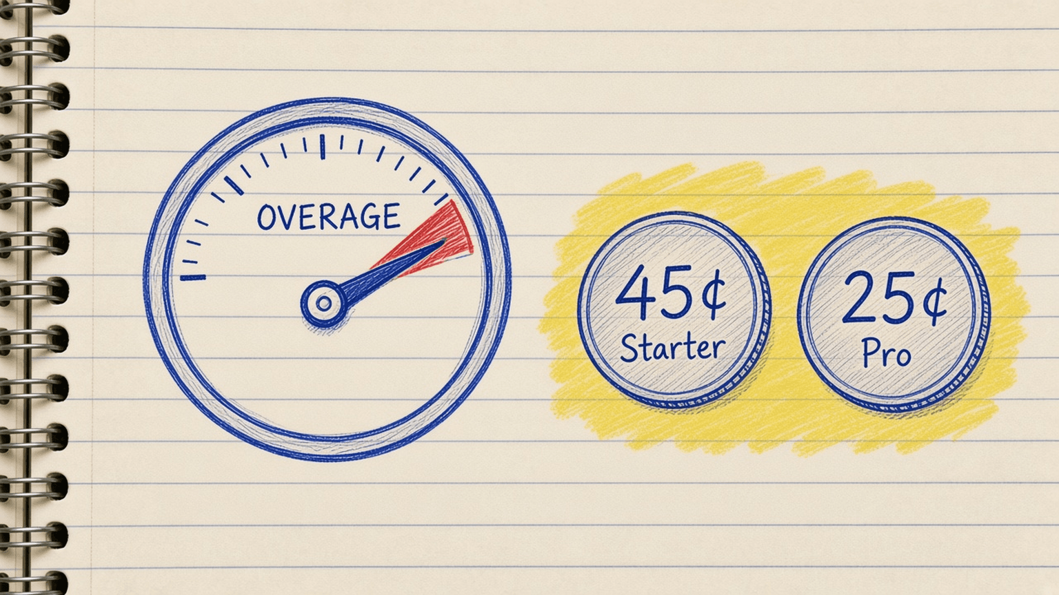 Sketch of an overage meter with two coins, a 45 cent coin for Starter and a 25 cent coin for Pro