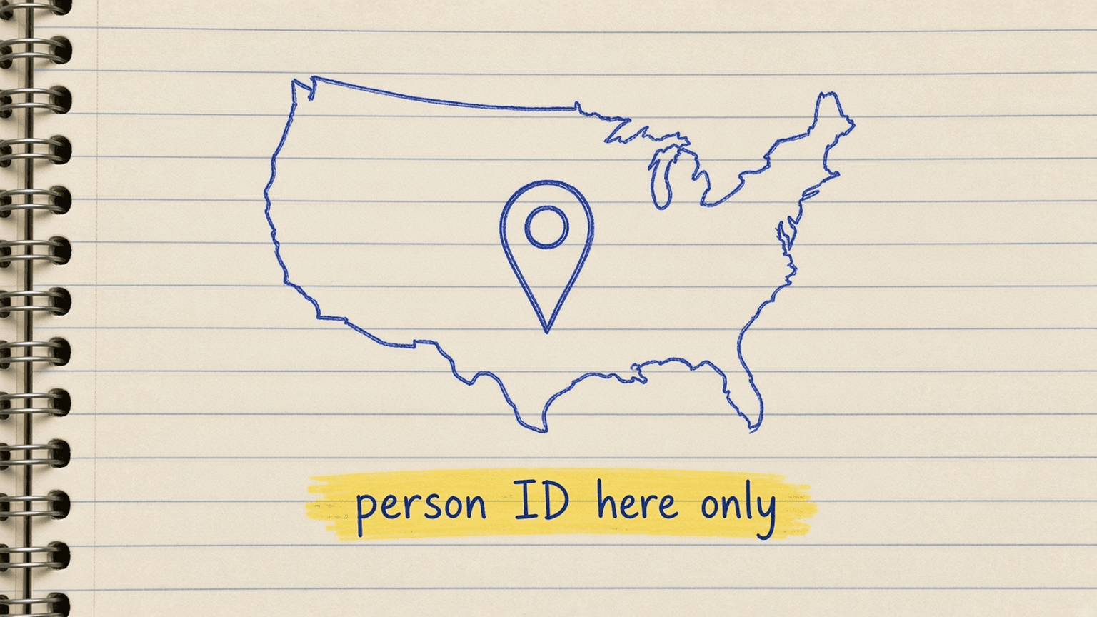 Sketch of a US map with one pin and the words person ID here only