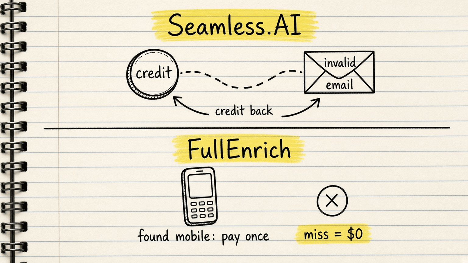 Handsketch of a credit coin flying to an invalid email and coming back, beside a lane for a FullEnrich found mobile where you pay once and a miss is $0