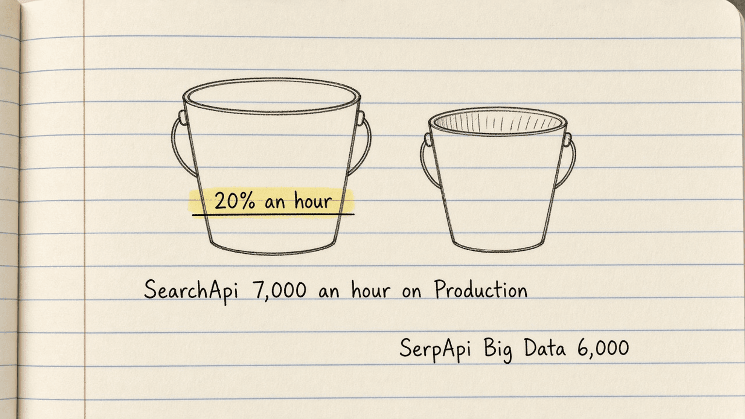 Handsketch of a bucket with a line drawn at 20 percent, labeled SearchApi 7,000 an hour on Production, next to a smaller bucket labeled SerpApi Big Data 6,000