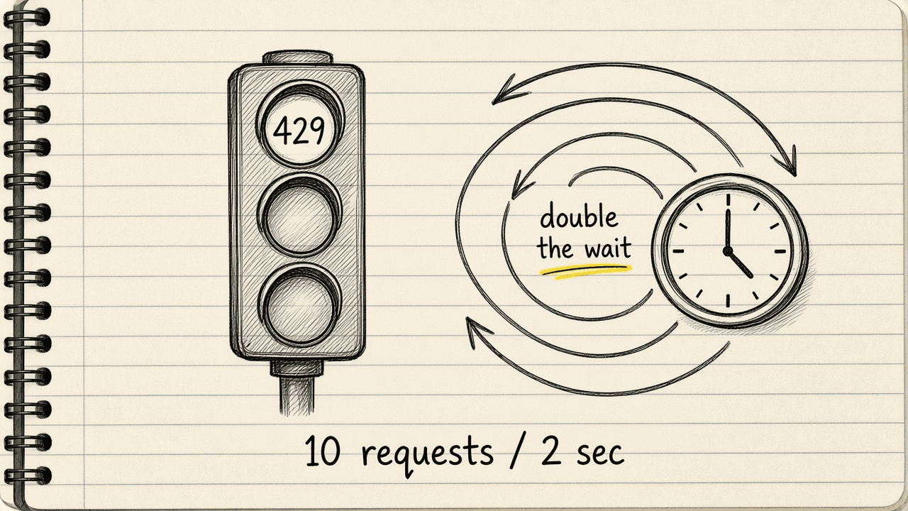 Notebook sketch of a 429 traffic light next to a clock doing exponential backoff, doubling its wait time after each try