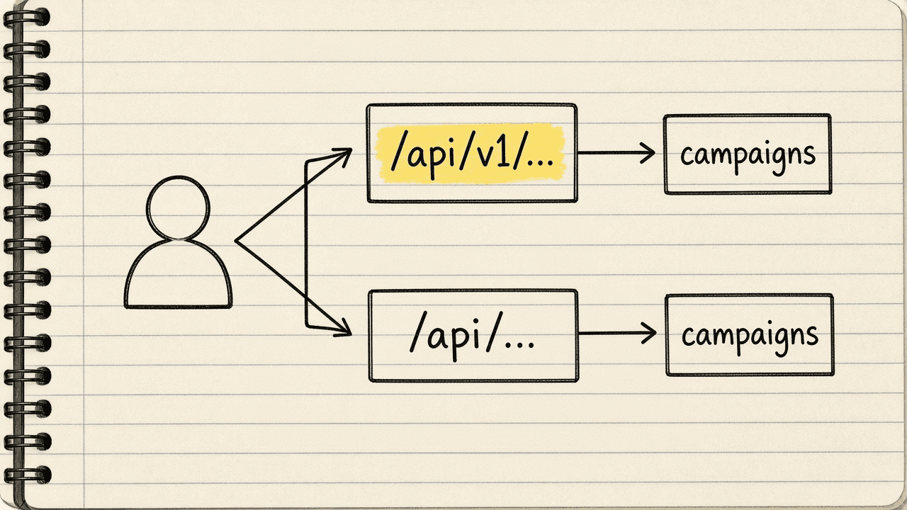 Notebook sketch of one account icon branching into two base URLs, /api/v1/... and /api/..., each ending at its own campaigns endpoint