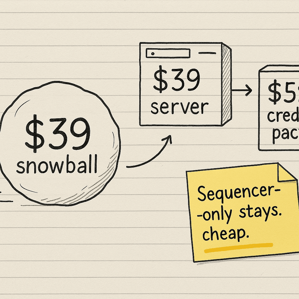 Handsketch of a $39 snowball rolling through a $39 server and $59 credit pack