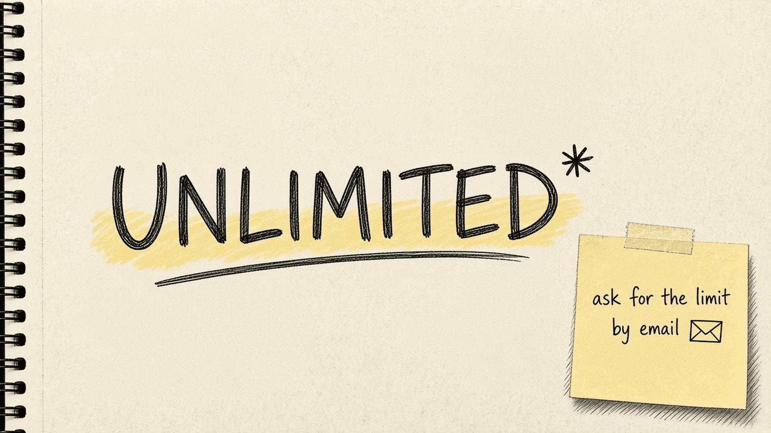 Sketch of a big word UNLIMITED with a small asterisk and a sticky note that says ask for the limit by email