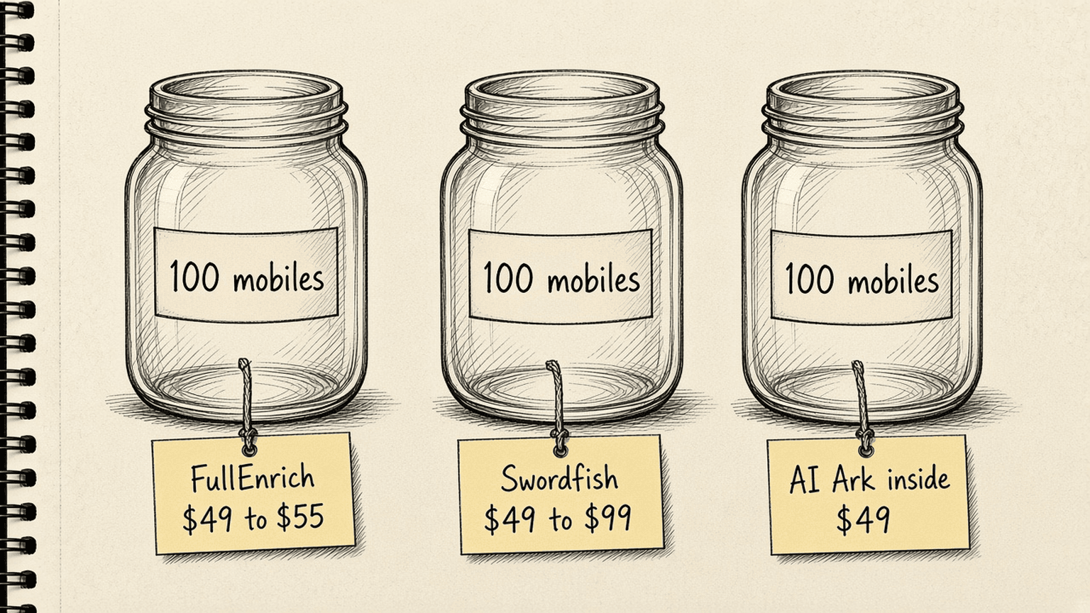 Sketch of three jars labelled 100 mobiles, with tags FullEnrich $49 to $55, Swordfish $49 to $99 and AI Ark inside $49