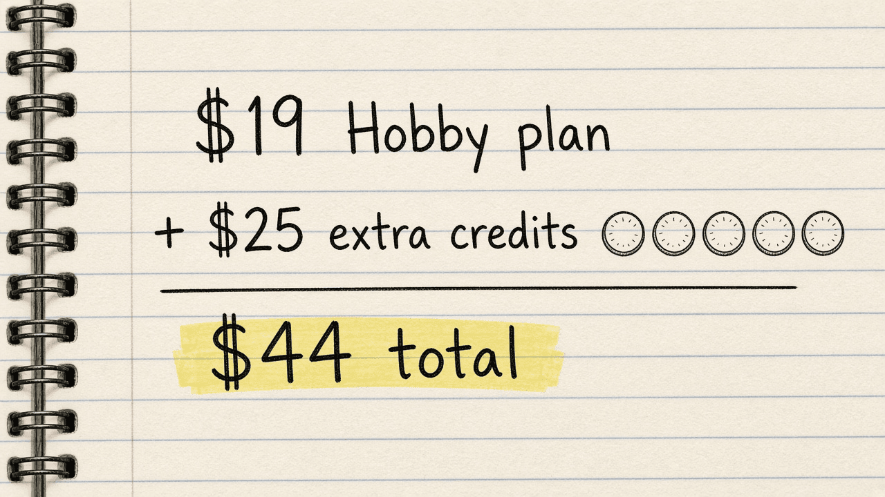 Notebook sketch of the sum $19 plus $25 equals $44, labelled Firecrawl Hobby plan plus pay as you go for 10,000 pages