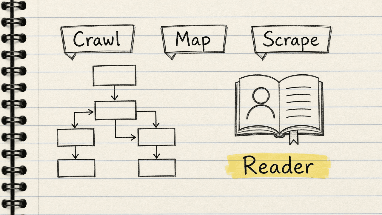 Notebook sketch of Firecrawl’s crawl, map and scrape modes drawn as a small site map, next to Jina Reader’s single page icon