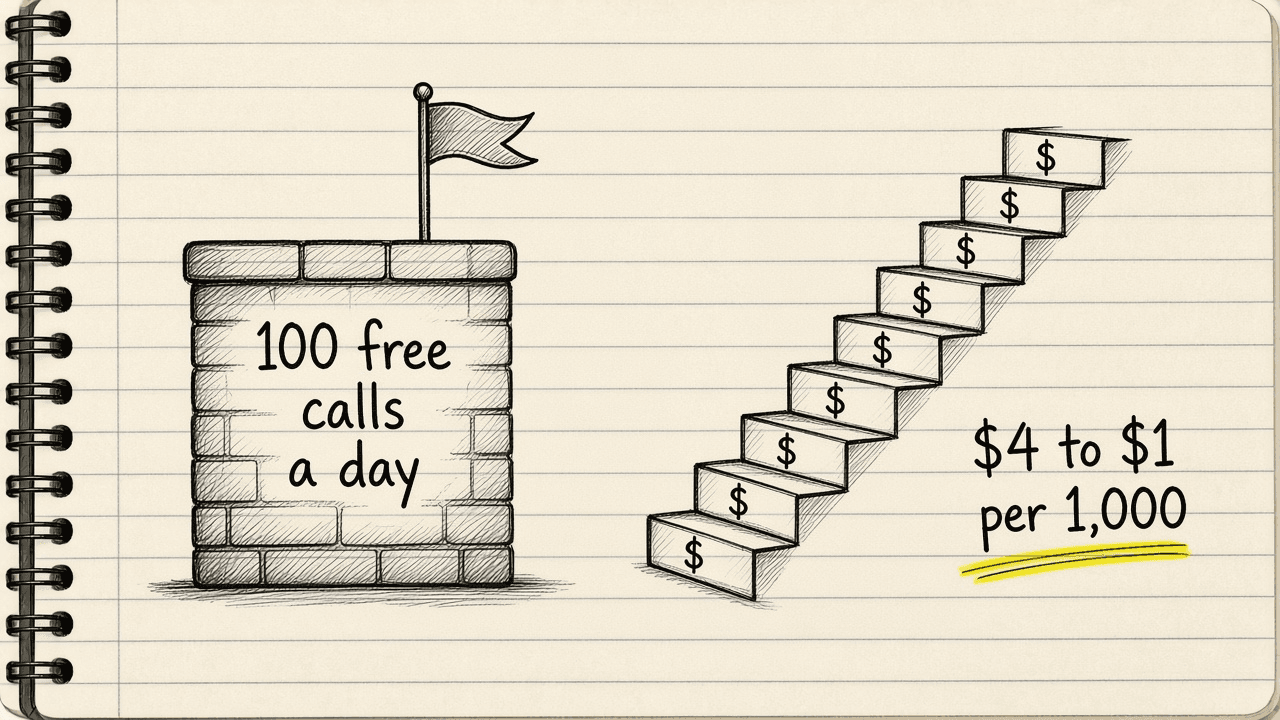 Notebook sketch of a wall labelled 100 free calls a day on the left and a rising staircase of dollar signs labelled SearchApi’s per 1,000 searches rate on the right