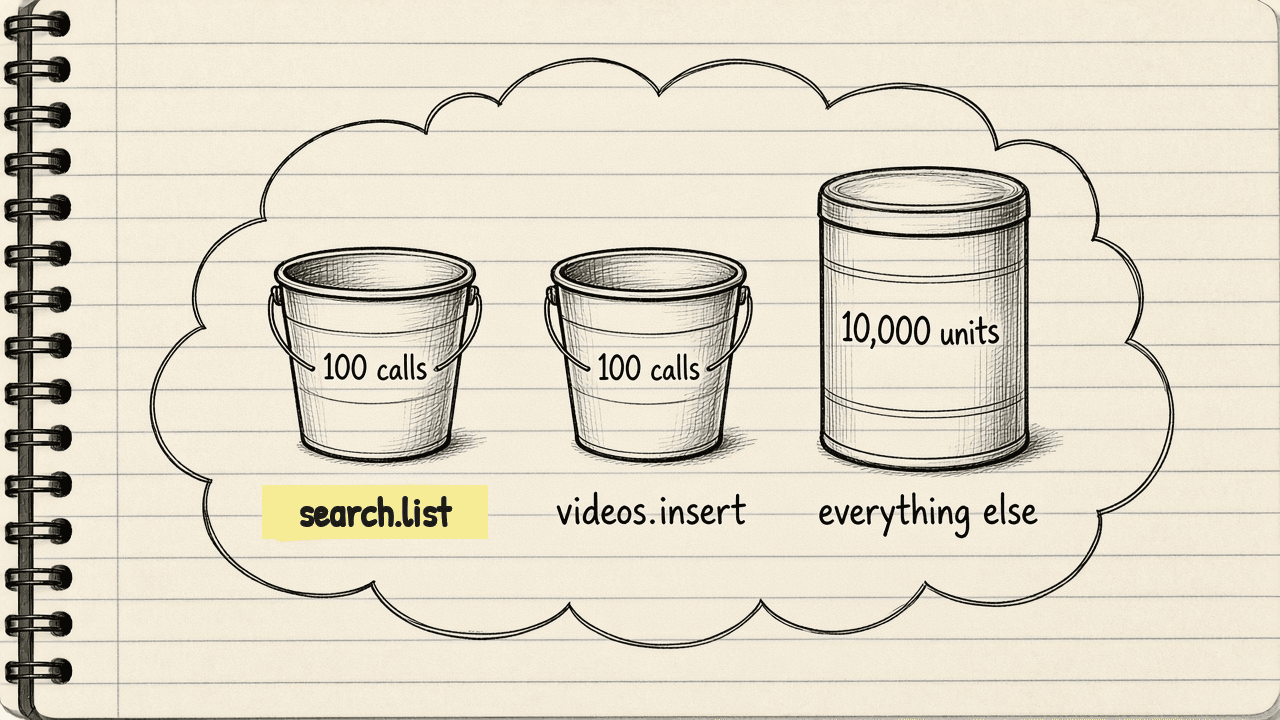 Notebook sketch of a Google Cloud project box with three containers, a 100-call bucket labelled search.list, a 100-call bucket labelled videos.insert and a 10,000-unit tank labelled everything else