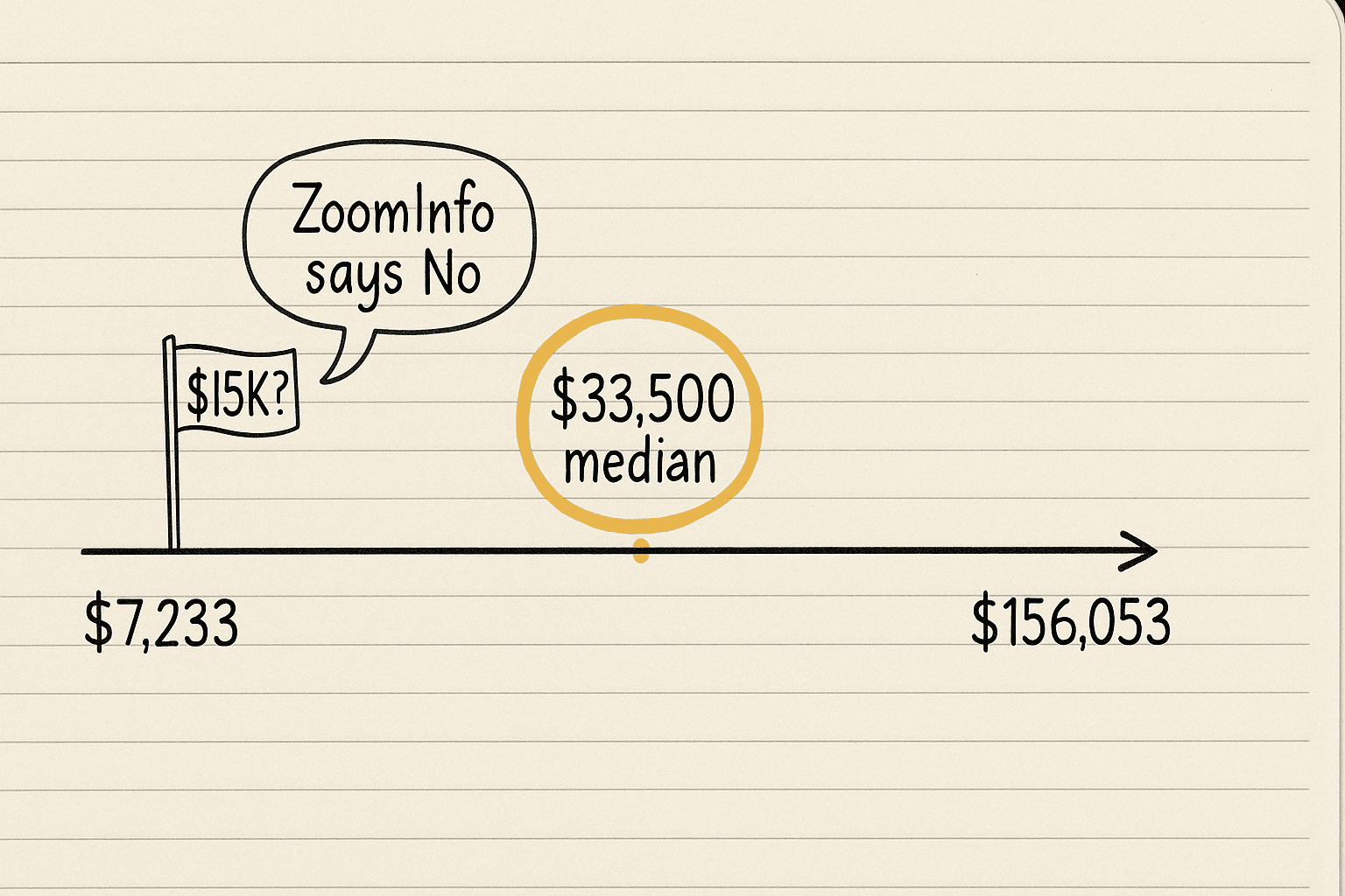 Handsketch of a number line from $7,233 to $156,053 with the $33,500 median highlighted and a $15K flag