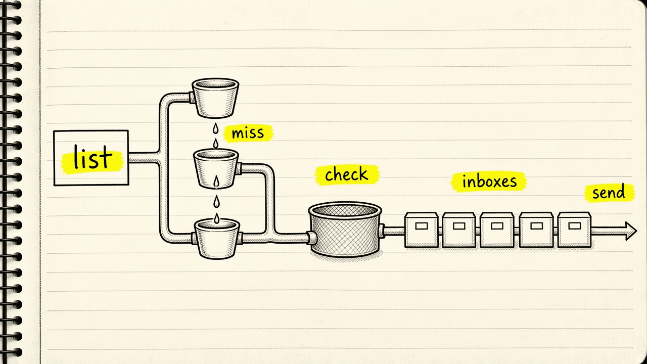 Hand-drawn pipe that runs left to right from a list, into three stacked cups where misses drip from one cup to the next, through a sieve labelled check, into a row of small inbox boxes, then an arrow labelled send