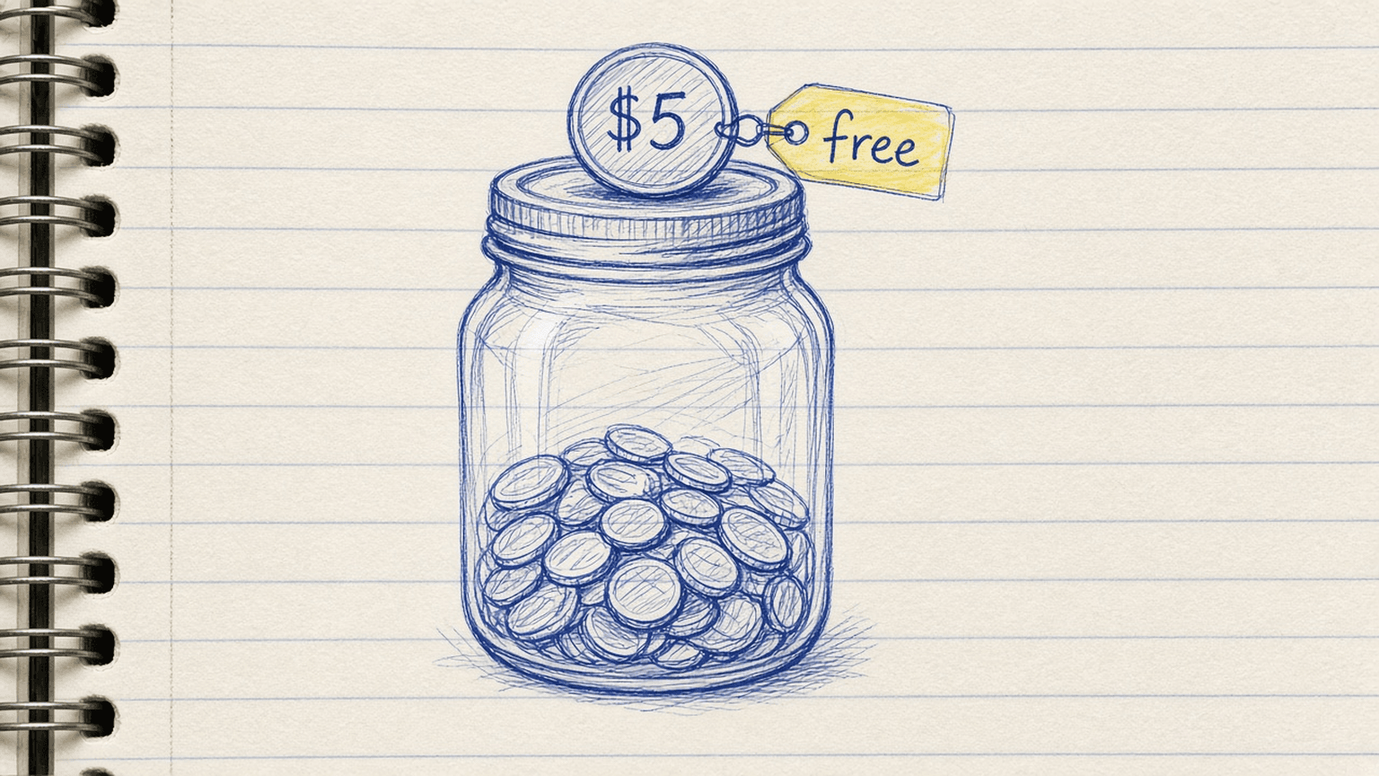 Sketch of a prepaid credit jar with a 5 dollar free coin on top