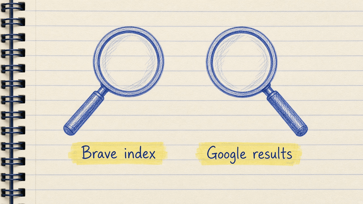 Sketch of two magnifying glasses labelled Brave index and Google results