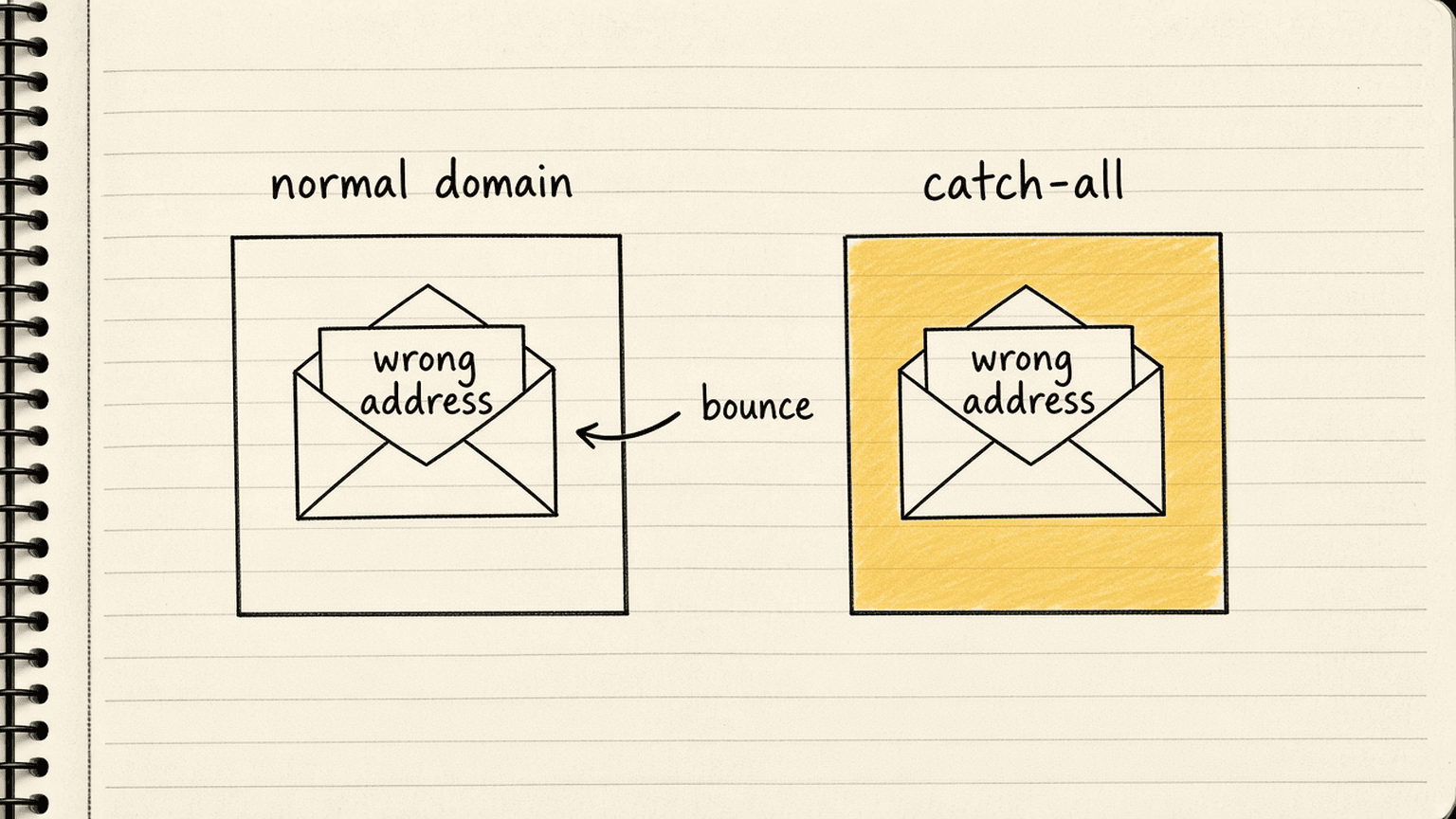 Notebook sketch of two mail servers, the left one labelled normal domain throwing a wrong address envelope back with an arrow labelled bounce, the right one labelled catch-all swallowing the same envelope with no arrow back