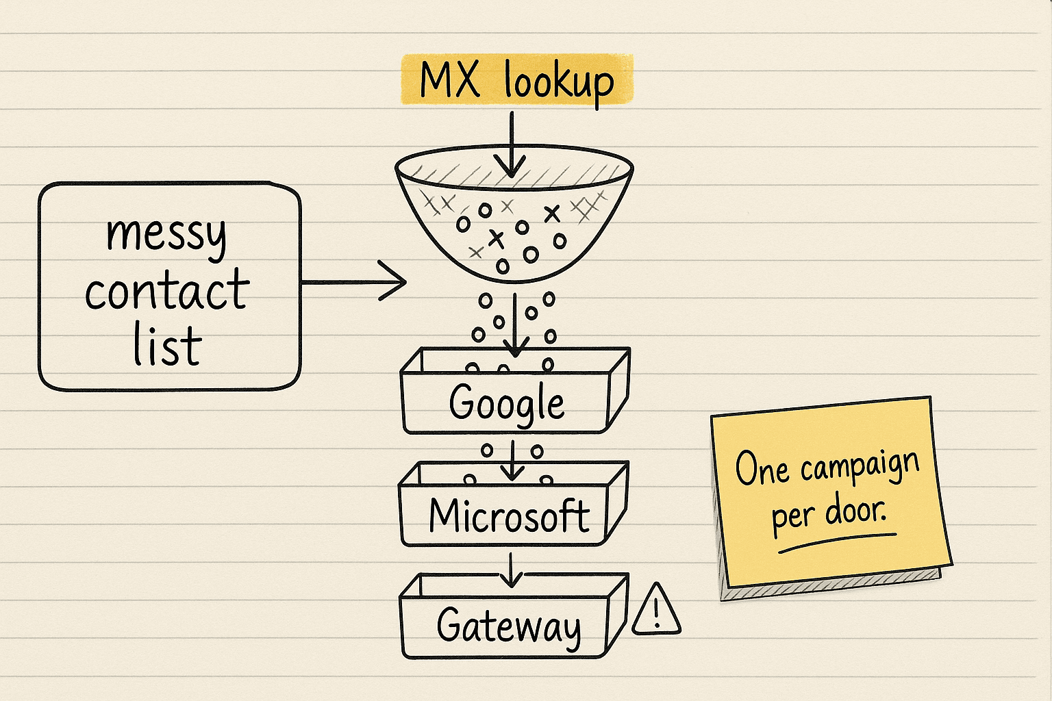 Handsketch of a messy list pouring through a sieve labeled MX lookup into three trays marked Google, Microsoft, and Gateway with a small bounce warning