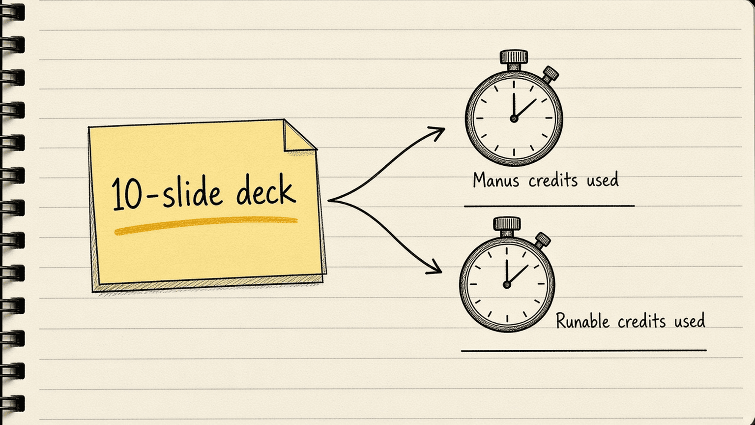 Notebook sketch of one task card labelled 10-slide deck pointing to two stopwatches, one labelled Manus credits used and one labelled Runable credits used, each with a blank line to fill in