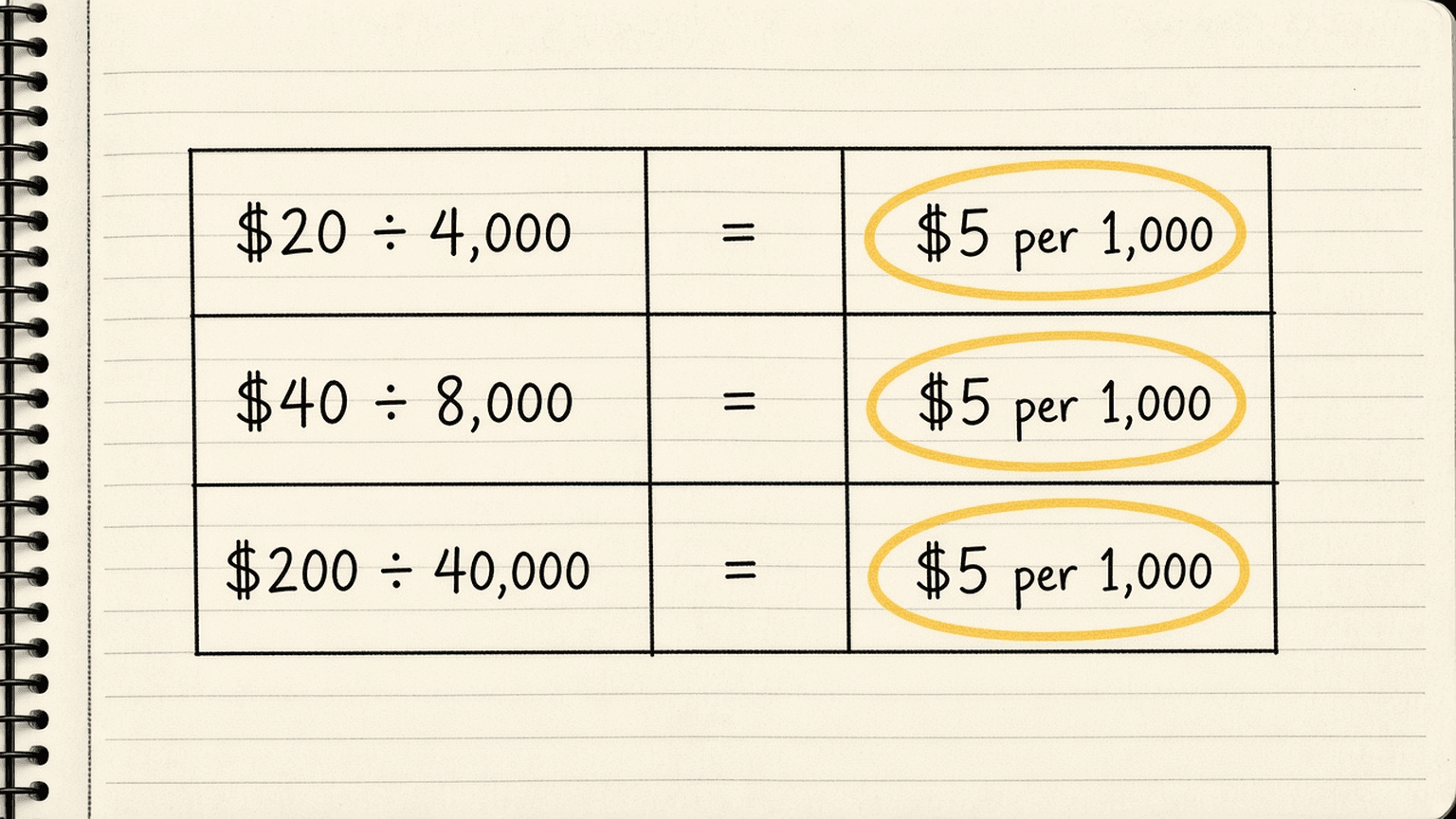 Notebook sketch of a three-row table with $20 divided by 4,000, $40 divided by 8,000 and $200 divided by 40,000, each row ending in a circled $5 per 1,000