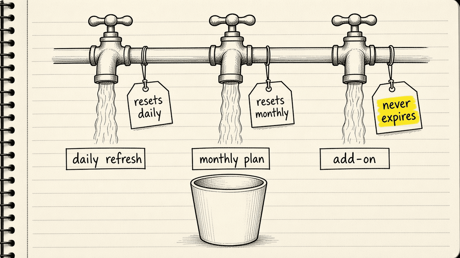 Notebook sketch of three taps over one cup, labelled daily refresh, monthly plan and add-on, with tags reading resets daily, resets monthly and never expires