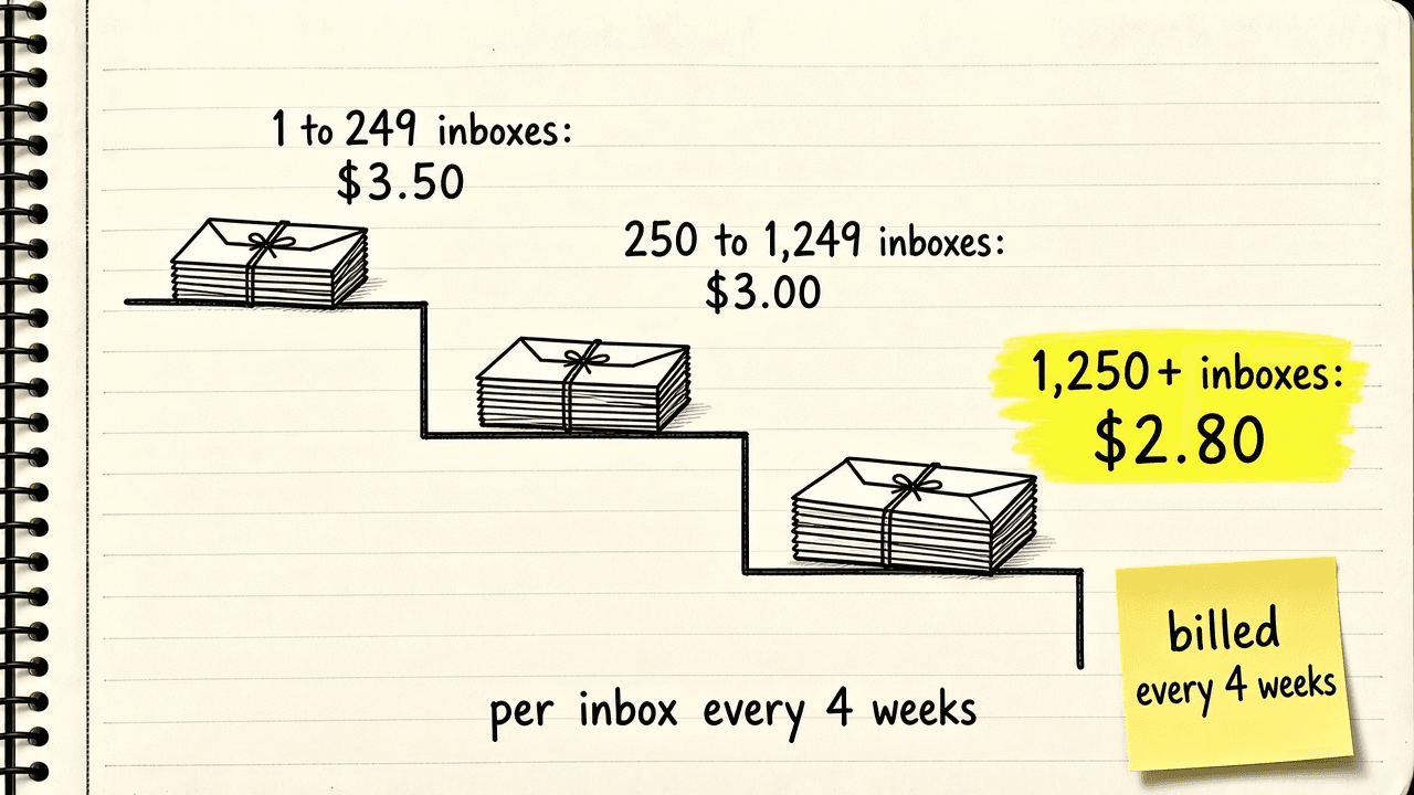 Notebook sketch of a staircase with three steps: 1 to 249 inboxes at $3.50 per inbox every 4 weeks, 250 to 1,249 inboxes at $3.00 per inbox every 4 weeks, 1,250 or more inboxes at $2.80 per inbox every 4 weeks