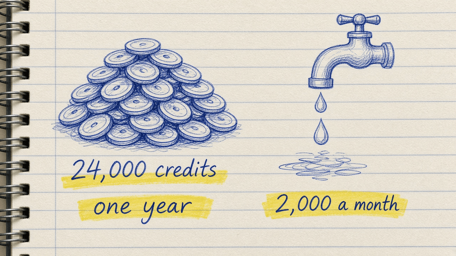 Sketch of a big pile of 24,000 credits labelled one year next to a small monthly drip of 2,000