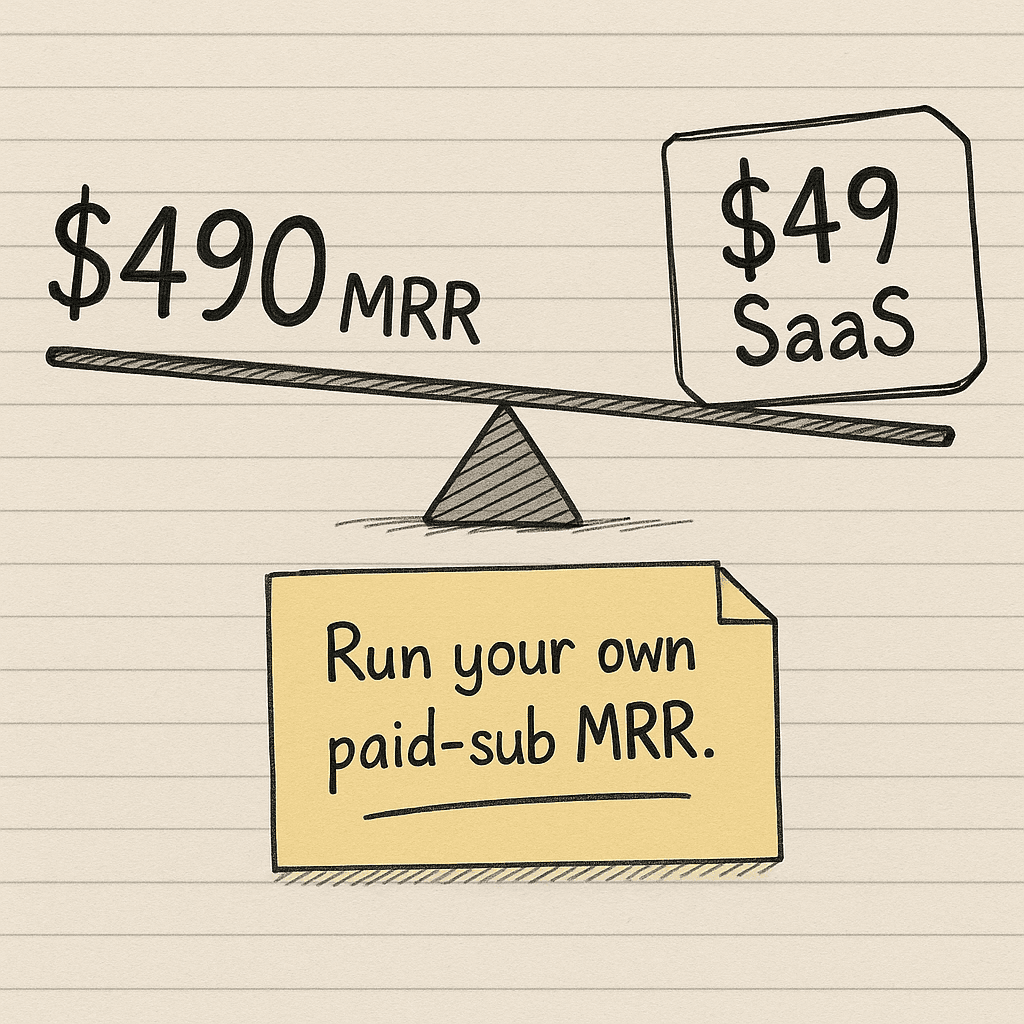 Handsketch of a seesaw balancing $490 MRR against a flat $49 SaaS sticker