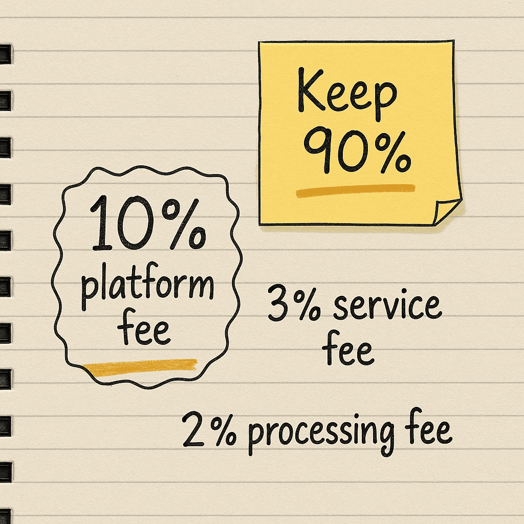 Handsketch of three small fee bites after the 10% platform cut