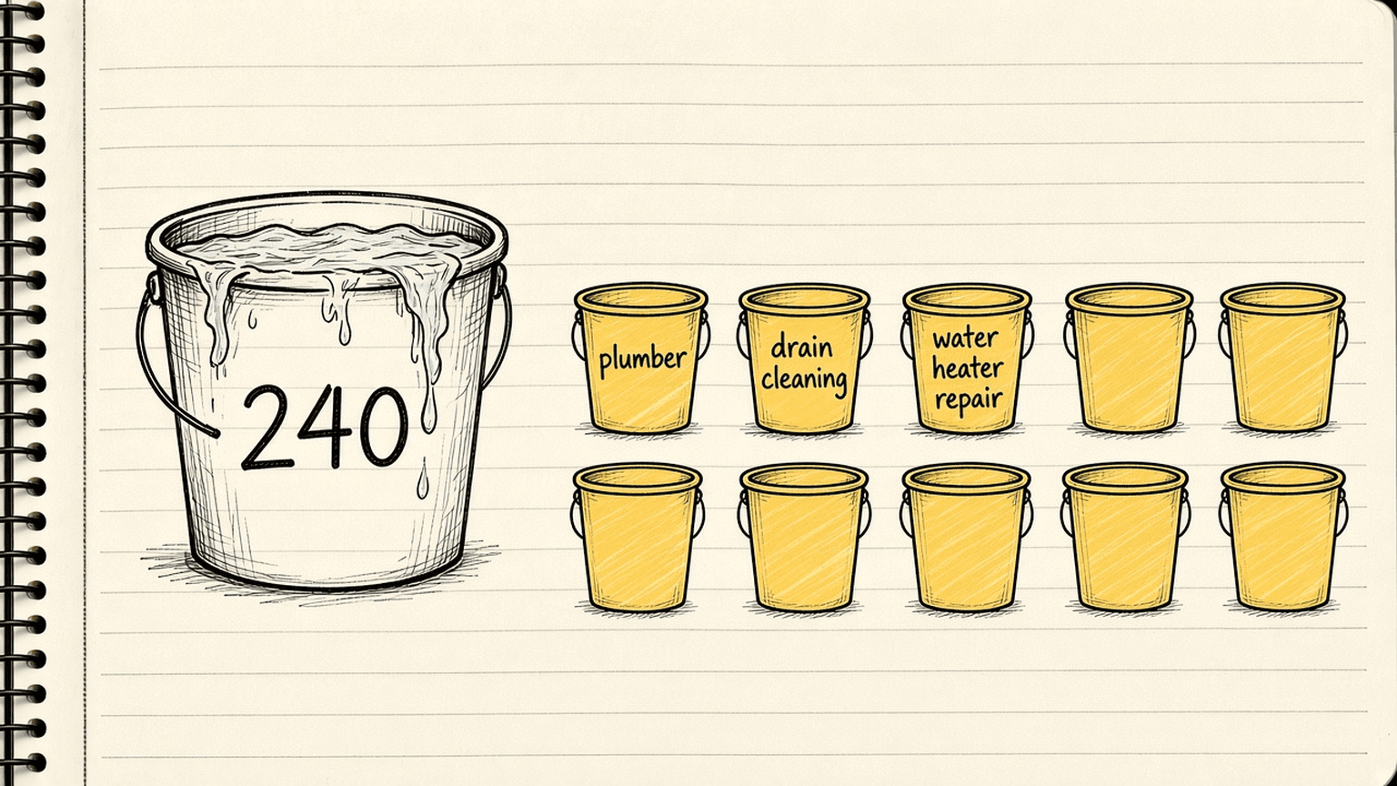 Notebook sketch of one big bucket labelled 240 overflowing, next to ten small buckets labelled with niche terms like plumber, drain cleaning and water heater repair
