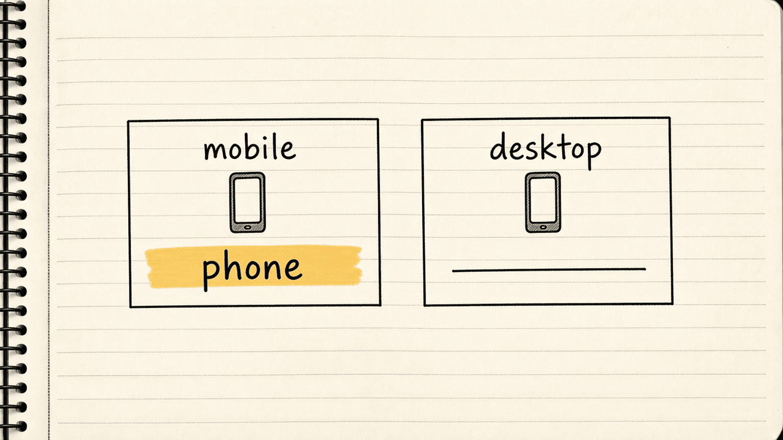 Notebook sketch of two result cards, the left labelled mobile with a phone line filled in, the right labelled desktop with the phone line empty